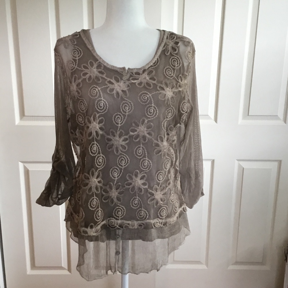 Taupe colored tank and overlay blouse set